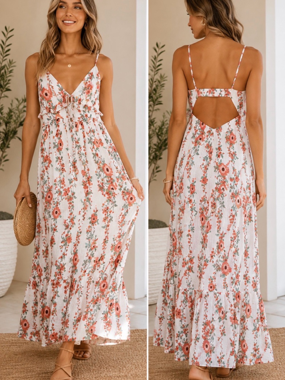 Band of the Free Floral Cutout Maxi Dress White Coral Size S
